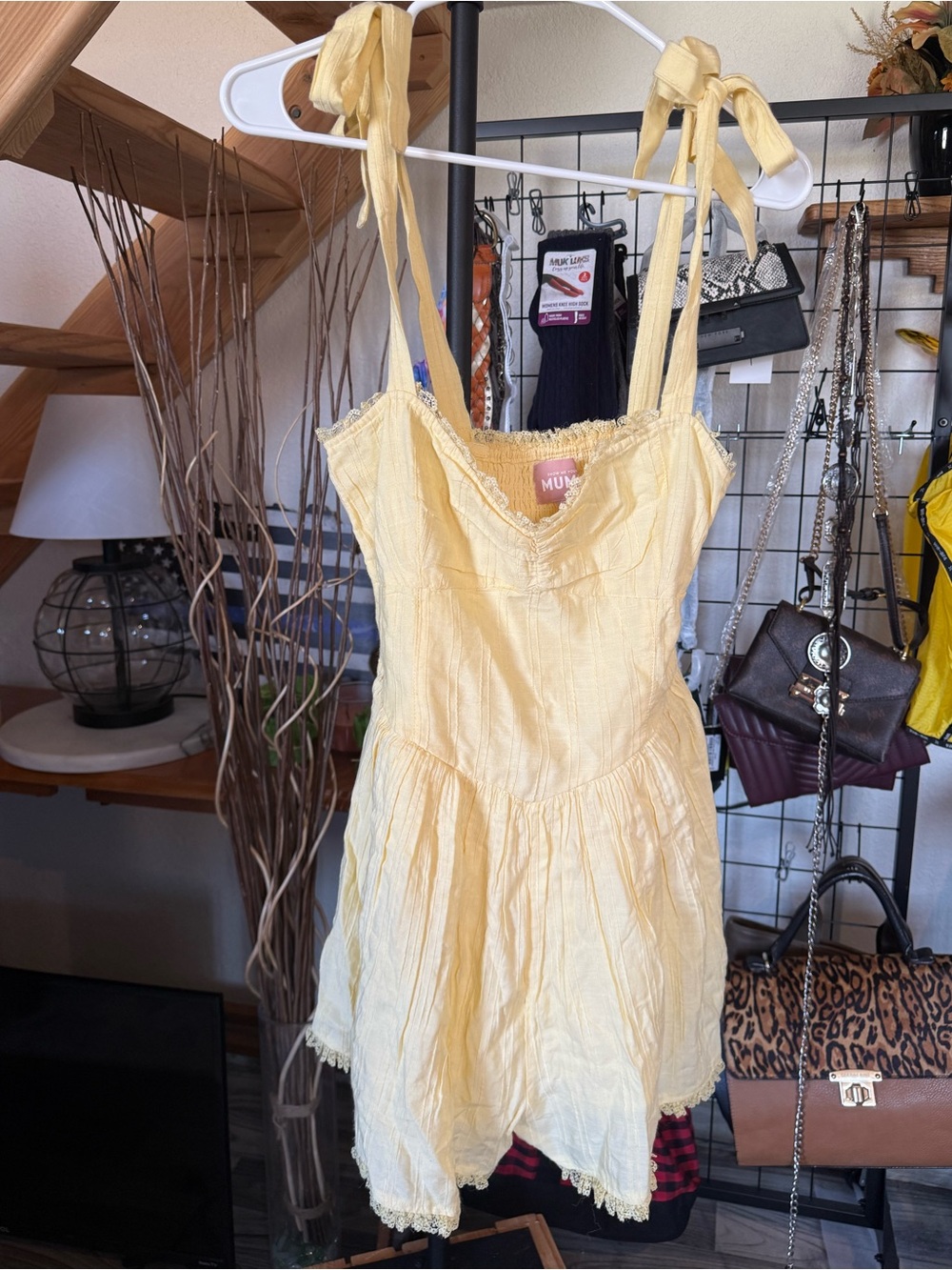 Show Me Your Mumu Regal Romper Lemonade Yellow Tie Strap Lace Trim Small